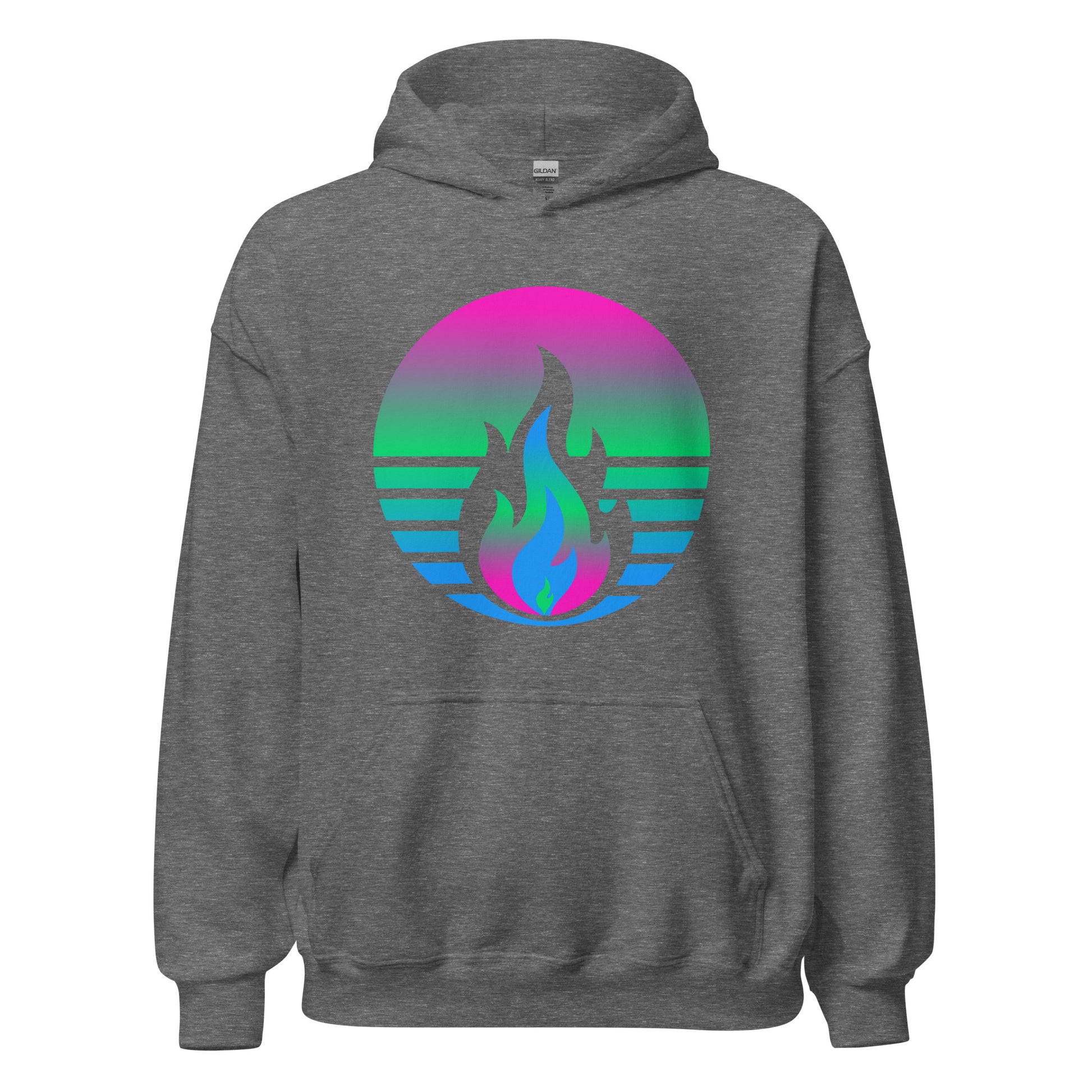 Polysexual Pride Fire Rising Hoodie with retro pride flame graphic, unisex pride t-shirt by Sparked By Pride