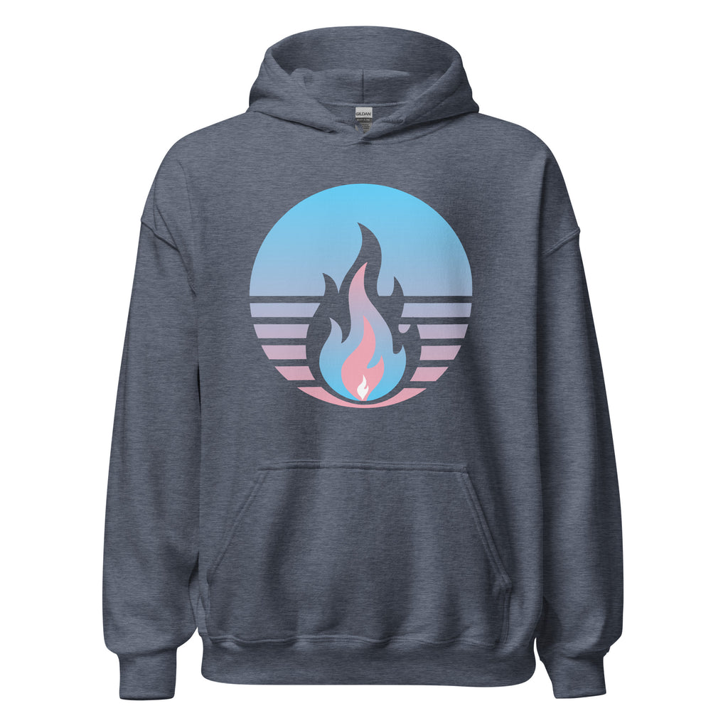 Transgender Fire Rising Hoodie with retro pride flame graphic, gender-affirming comfort by Sparked By Pride.
