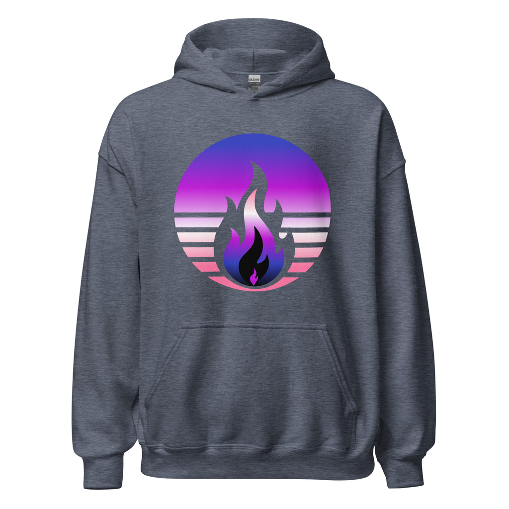 Genderfluid Pride Fire Rising Hoodie with retro pride flame graphic, unisex comfort colors pride shirt by Sparked By Pride