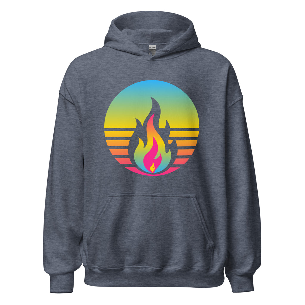 Pansexual Fire Rising Hoodie with retro pride flame graphic, unisex fit, made to order LGBTQ apparel by Sparked By Pride