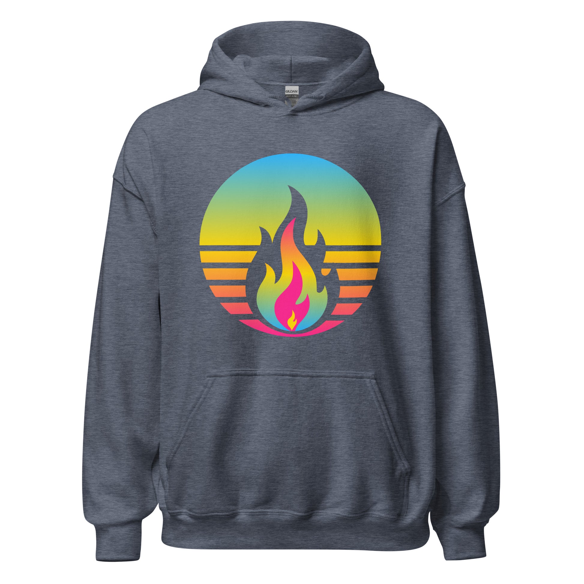 Pansexual Fire Rising Hoodie with retro pride flame graphic, unisex fit, made to order LGBTQ apparel by Sparked By Pride