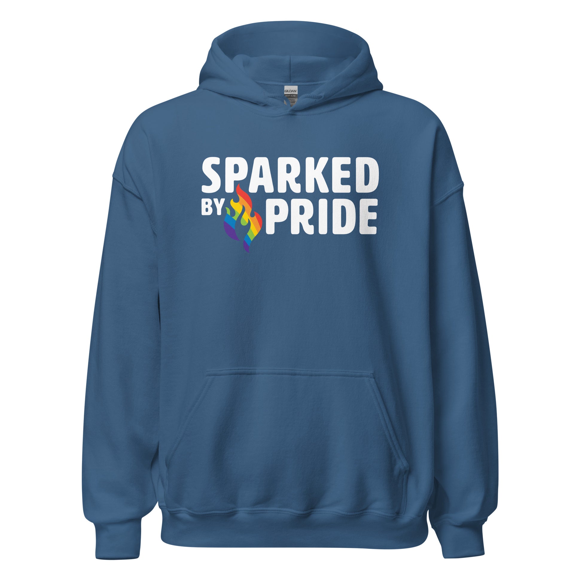 Blue unisex pride hoodie with printed retro pride flame logo, comfort colors fabric, Sparked by Pride Sparked by Pride.