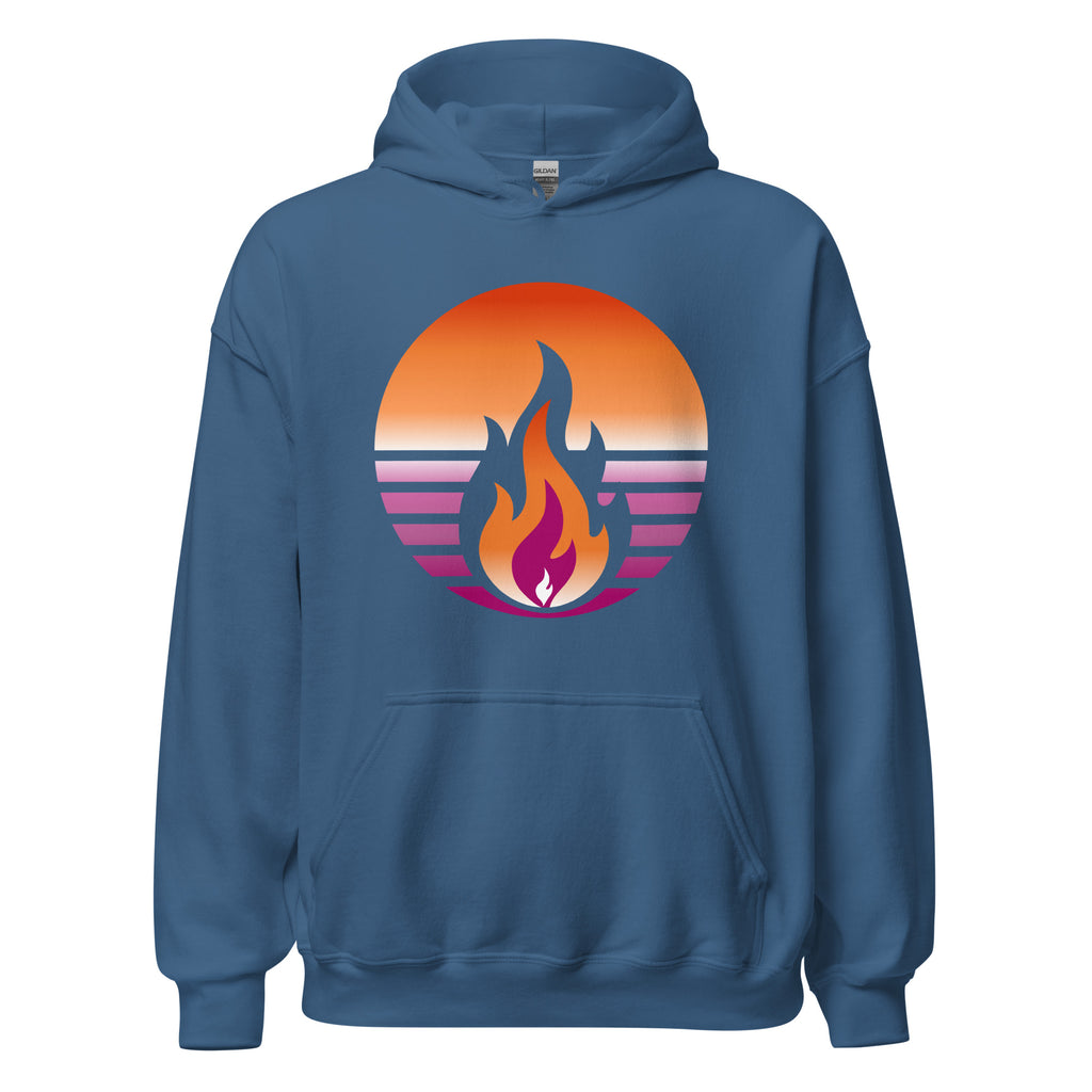 Lesbian Pride Fire Rising Hoodie with retro pride flame graphic, unisex design, made to order LGBTQ apparel by Sparked By Pride