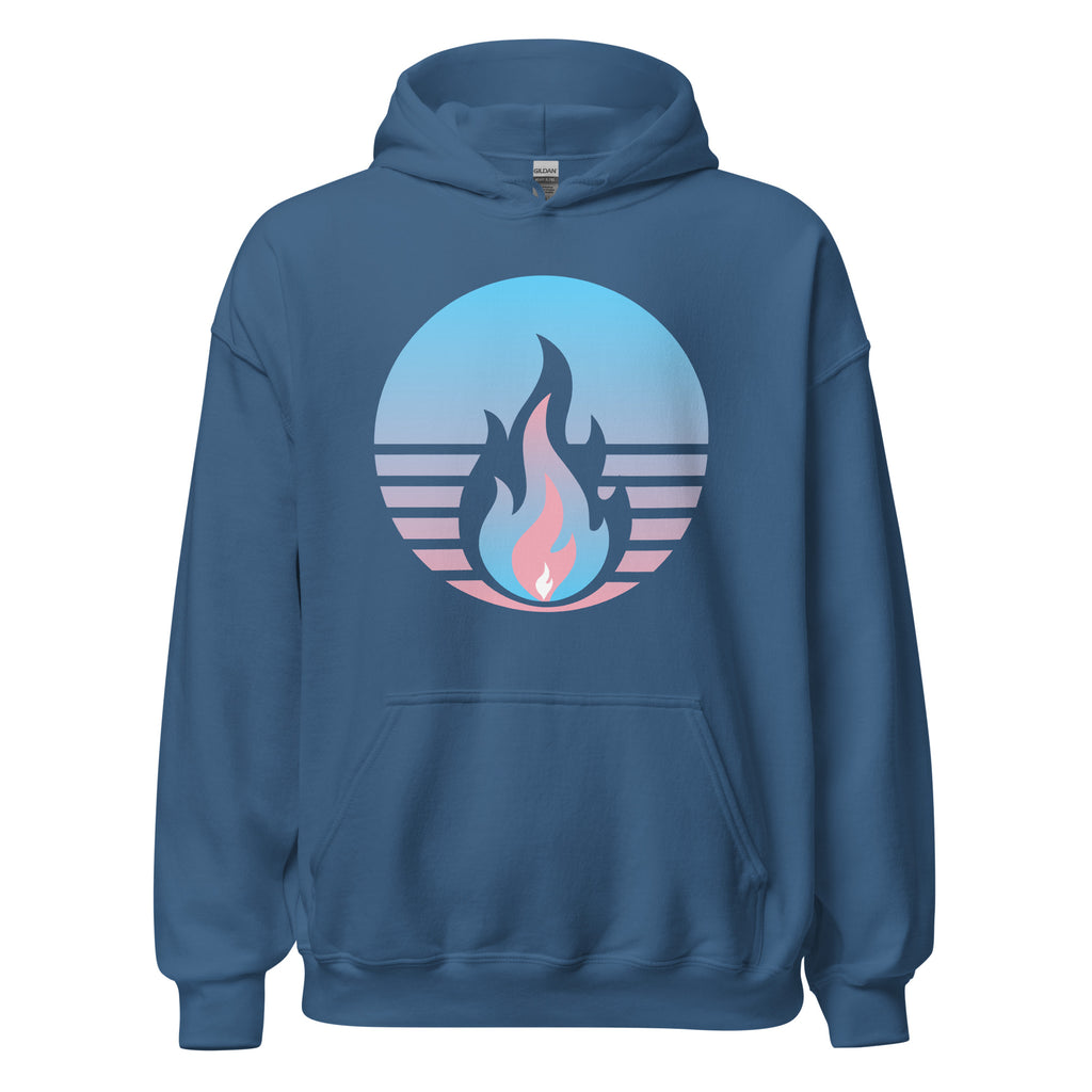 Transgender Fire Rising Hoodie with retro pride flame graphic, gender-affirming comfort, by Sparked By Pride