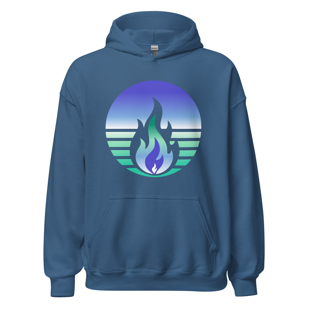 Gay Men Pride Fire Rising Hoodie with retro pride flame graphic in LGBTQ+ pride apparel by Sparked By Pride