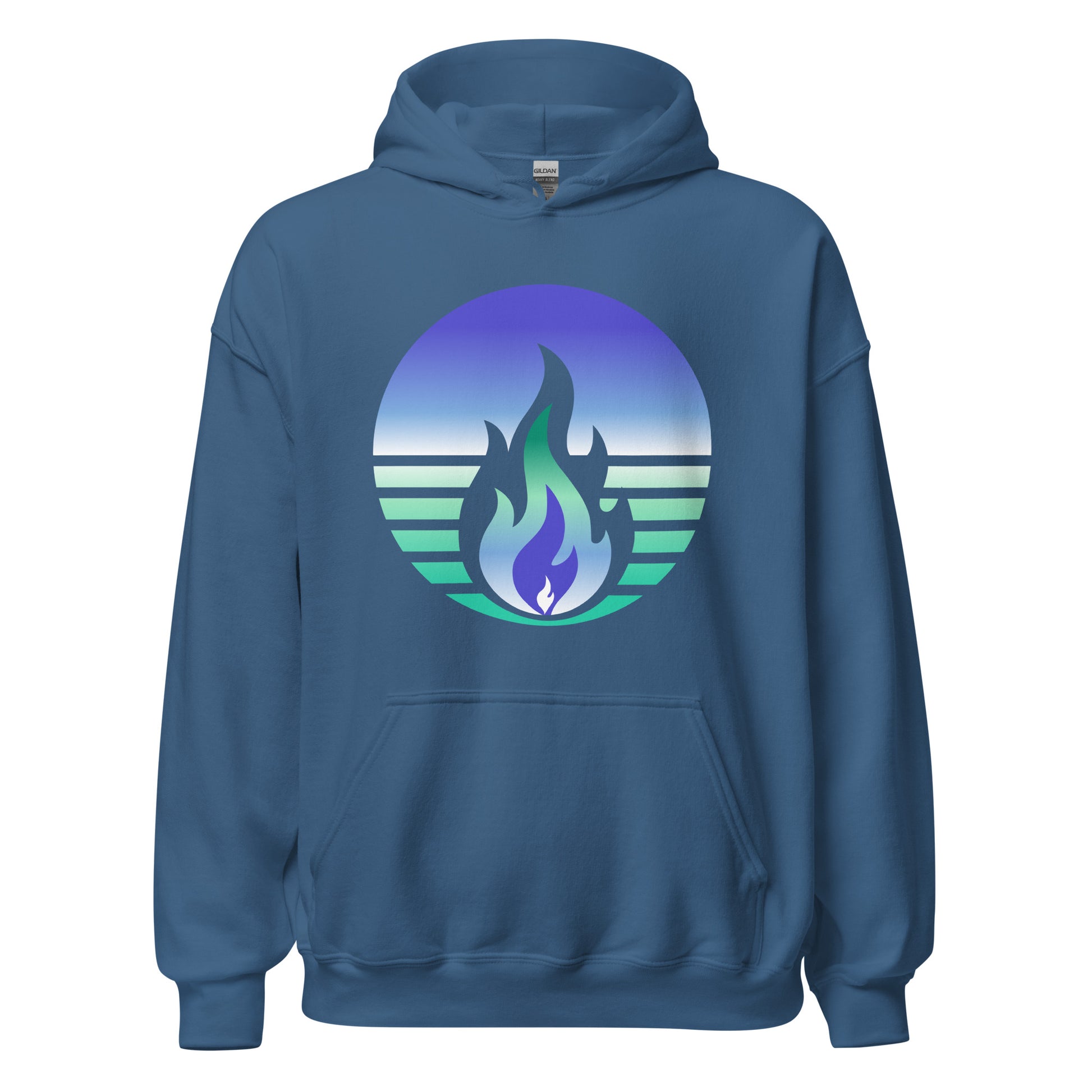 Gay Men Pride Fire Rising Hoodie with retro pride flame graphic in LGBTQ+ pride apparel by Sparked By Pride