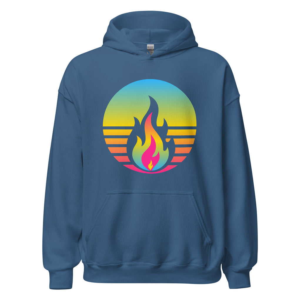 Pansexual Fire Rising Hoodie with retro pride flame graphic, unisex fit by Sparked By Pride