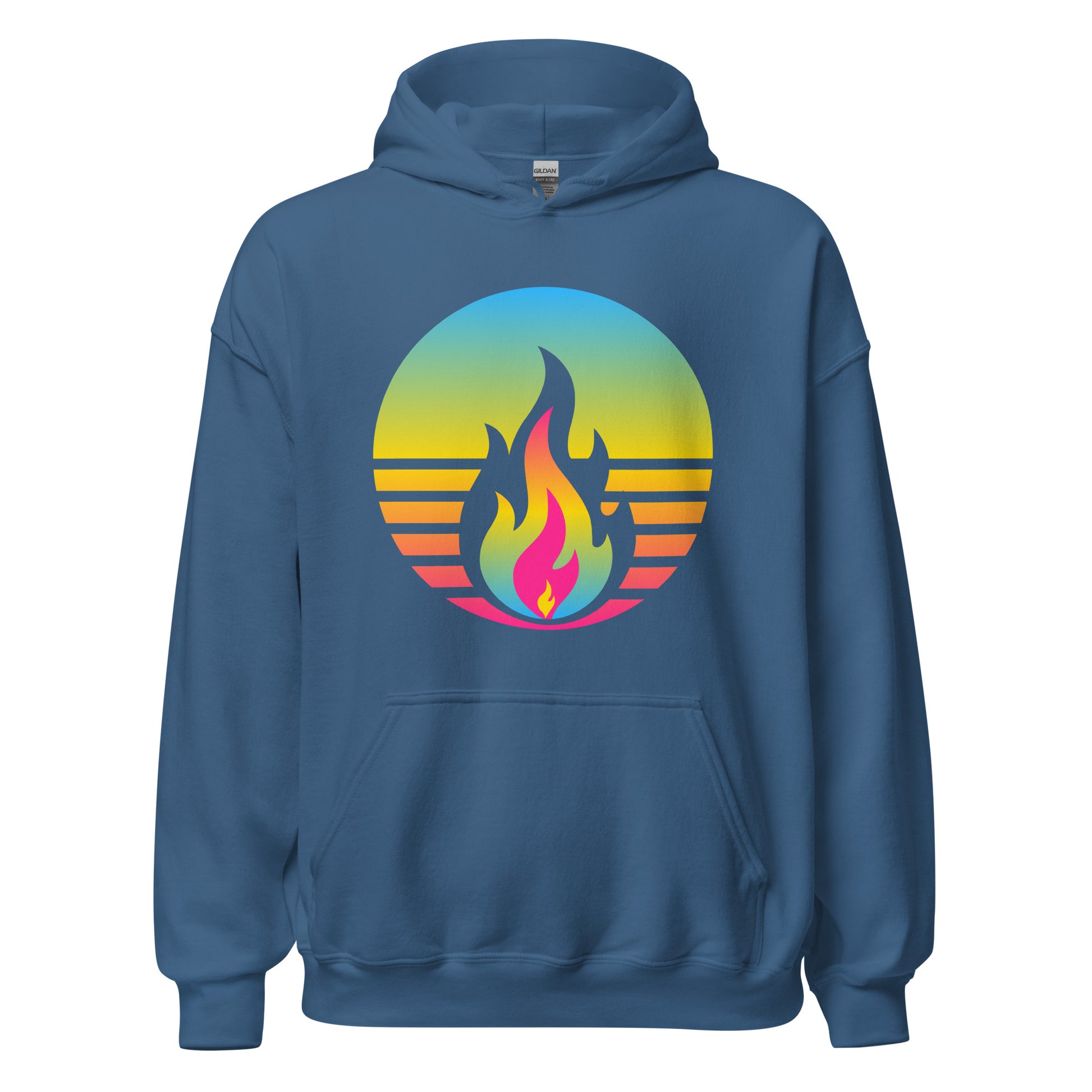 Pansexual Fire Rising Hoodie with retro pride flame graphic, unisex fit by Sparked By Pride