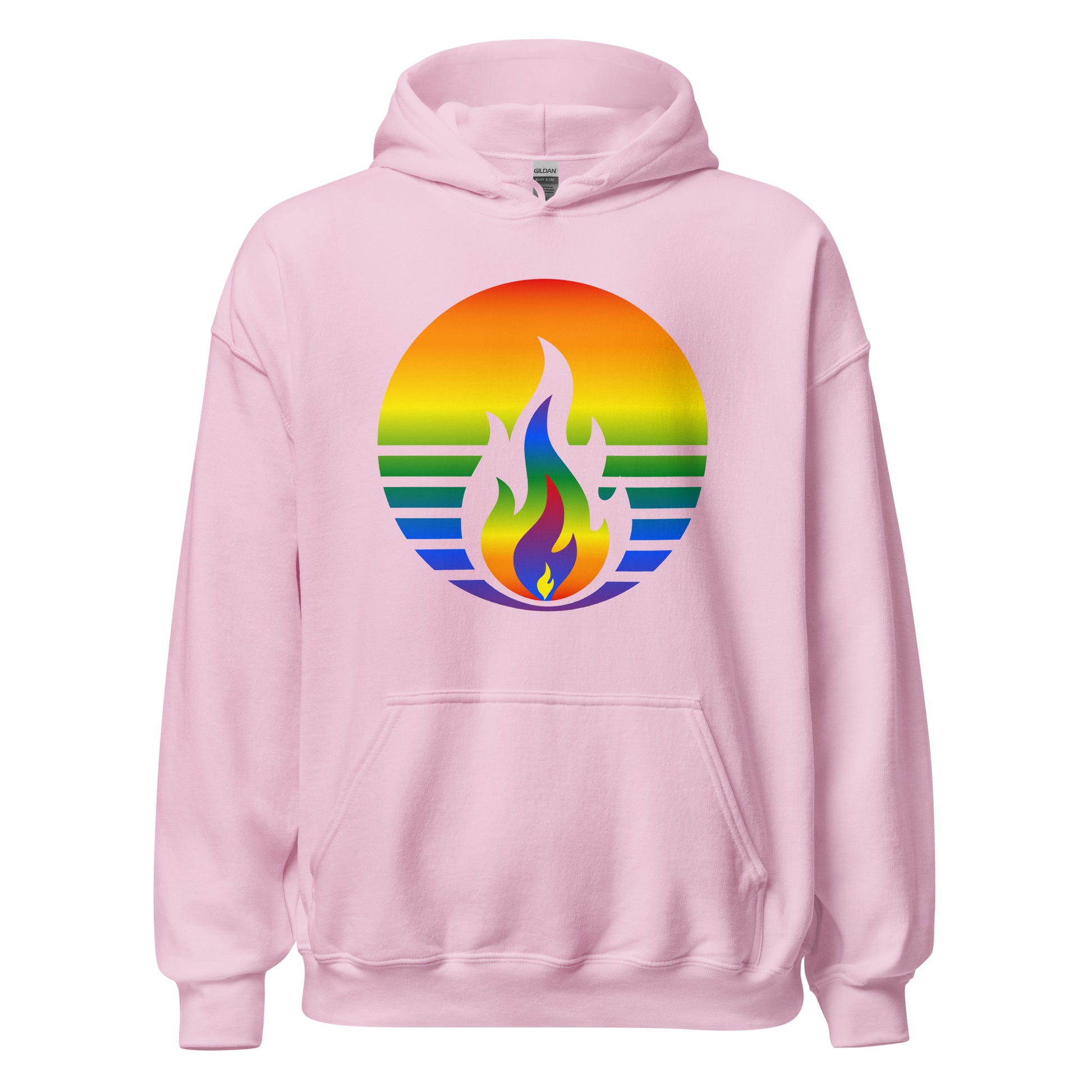Rainbow Pride Fire Rising Hoodie with retro pride flame graphic, unisex LGBTQ+ pride apparel by Sparked By Pride.