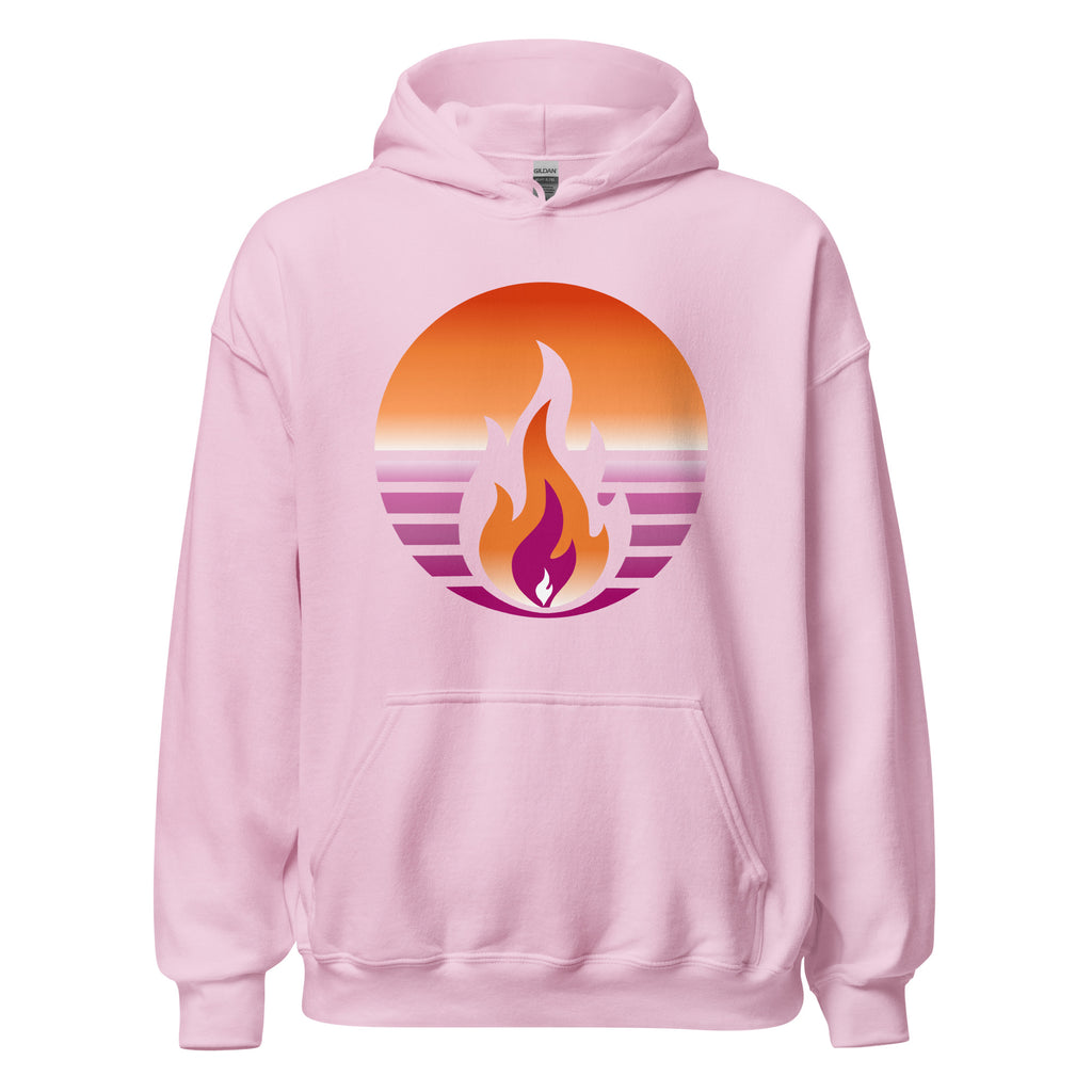 Pink Lesbian Pride Fire Rising Hoodie with retro pride flame graphic, unisex LGBTQ+ pride apparel, Sparked By Pride