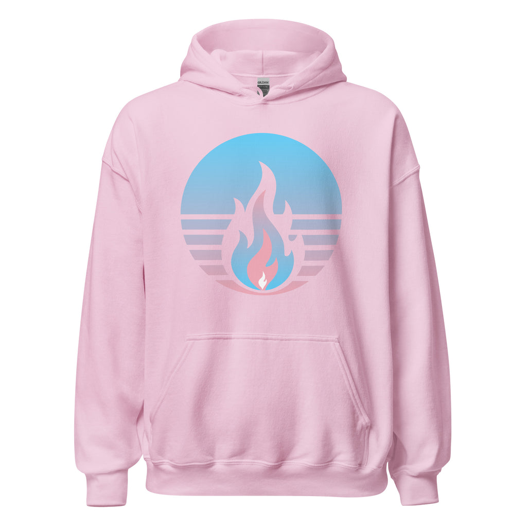 Transgender Fire Rising Hoodie with retro pride flame graphic, unisex pride apparel by Sparked By Pride