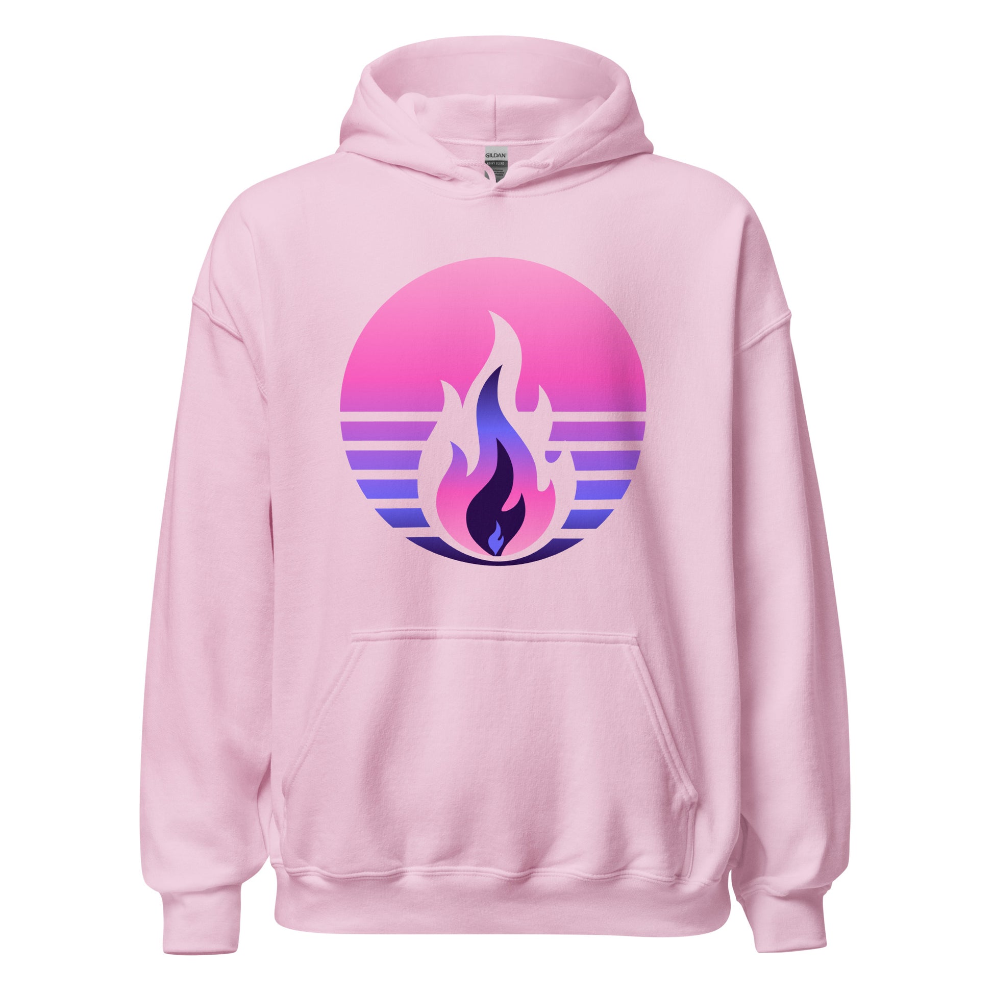 Omnisexual Pride Fire Rising Hoodie with retro pride flame graphic in pink, purple, blue by Sparked By Pride