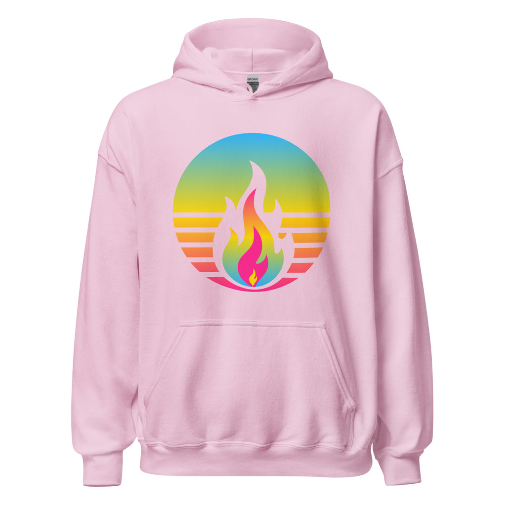 Pansexual Fire Rising Hoodie with retro pride flame design, unisex comfort from queer-owned brand Sparked By Pride