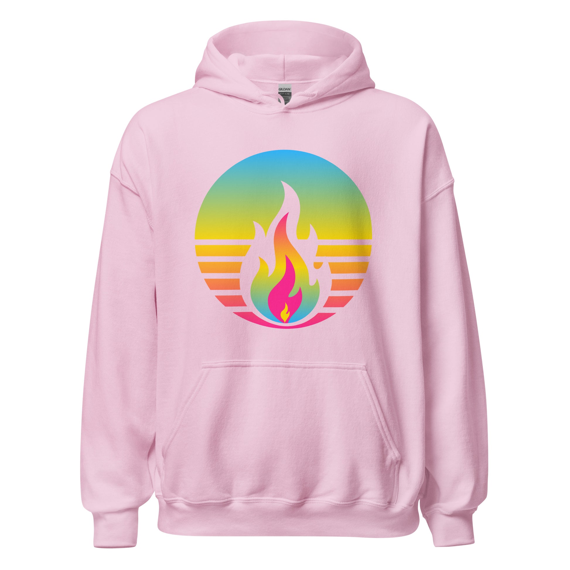 Pansexual Fire Rising Hoodie with retro pride flame design, unisex comfort from queer-owned brand Sparked By Pride