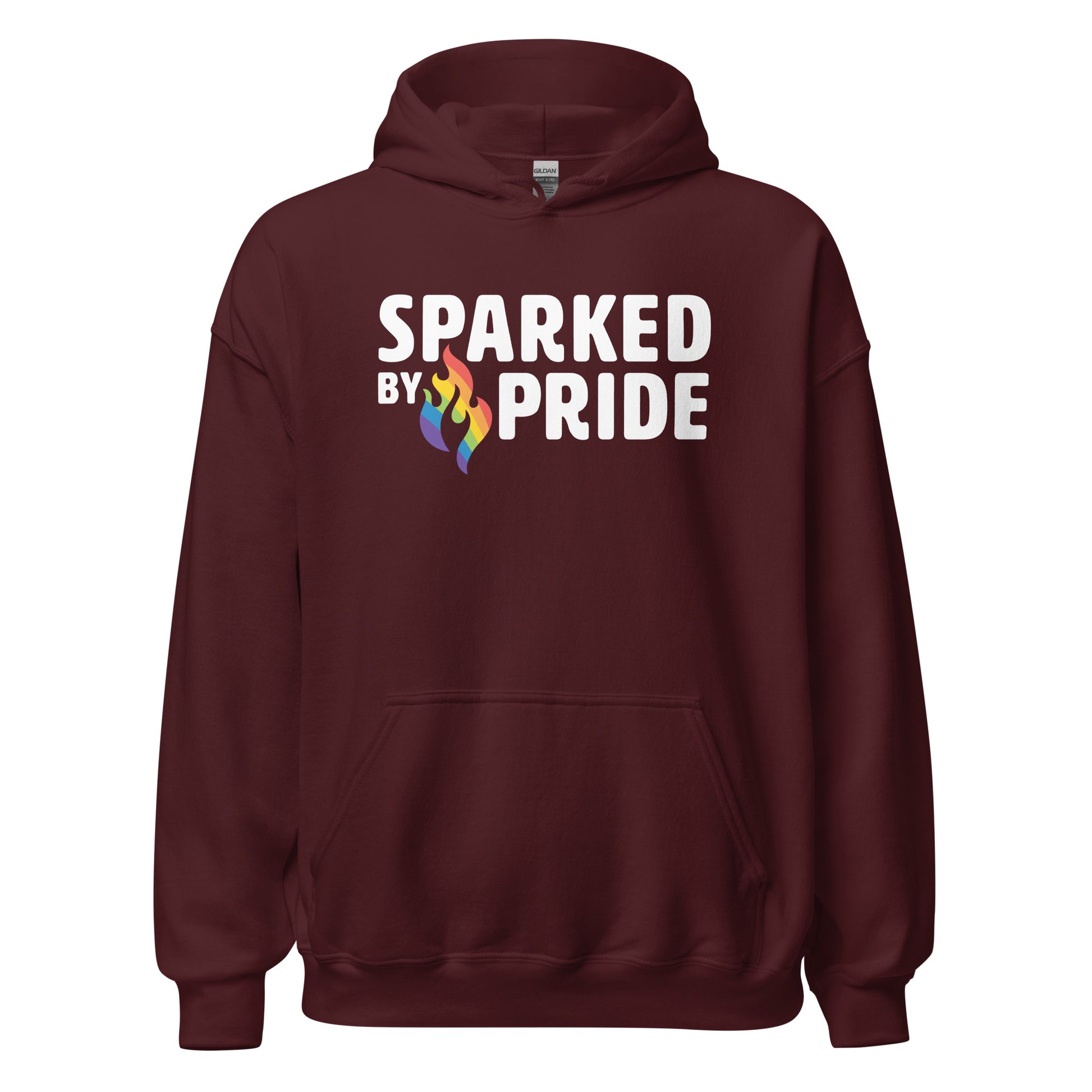 Sparked by Pride Hoodie with printed pride flame graphic, unisex fit, inclusive queer fashion by Sparked By Pride