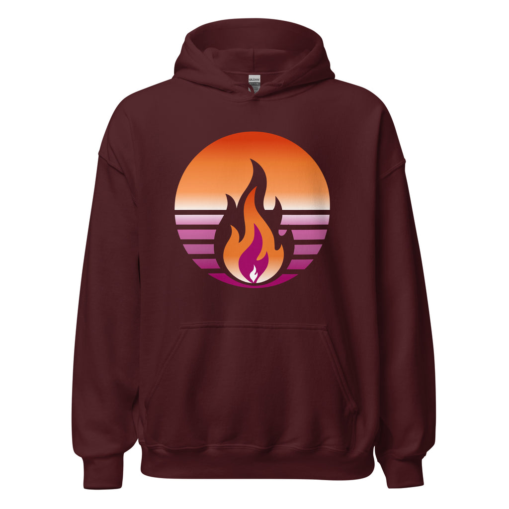 Lesbian Pride Fire Rising Hoodie with retro pride flame graphic, unisex pride t-shirt by Sparked By Pride