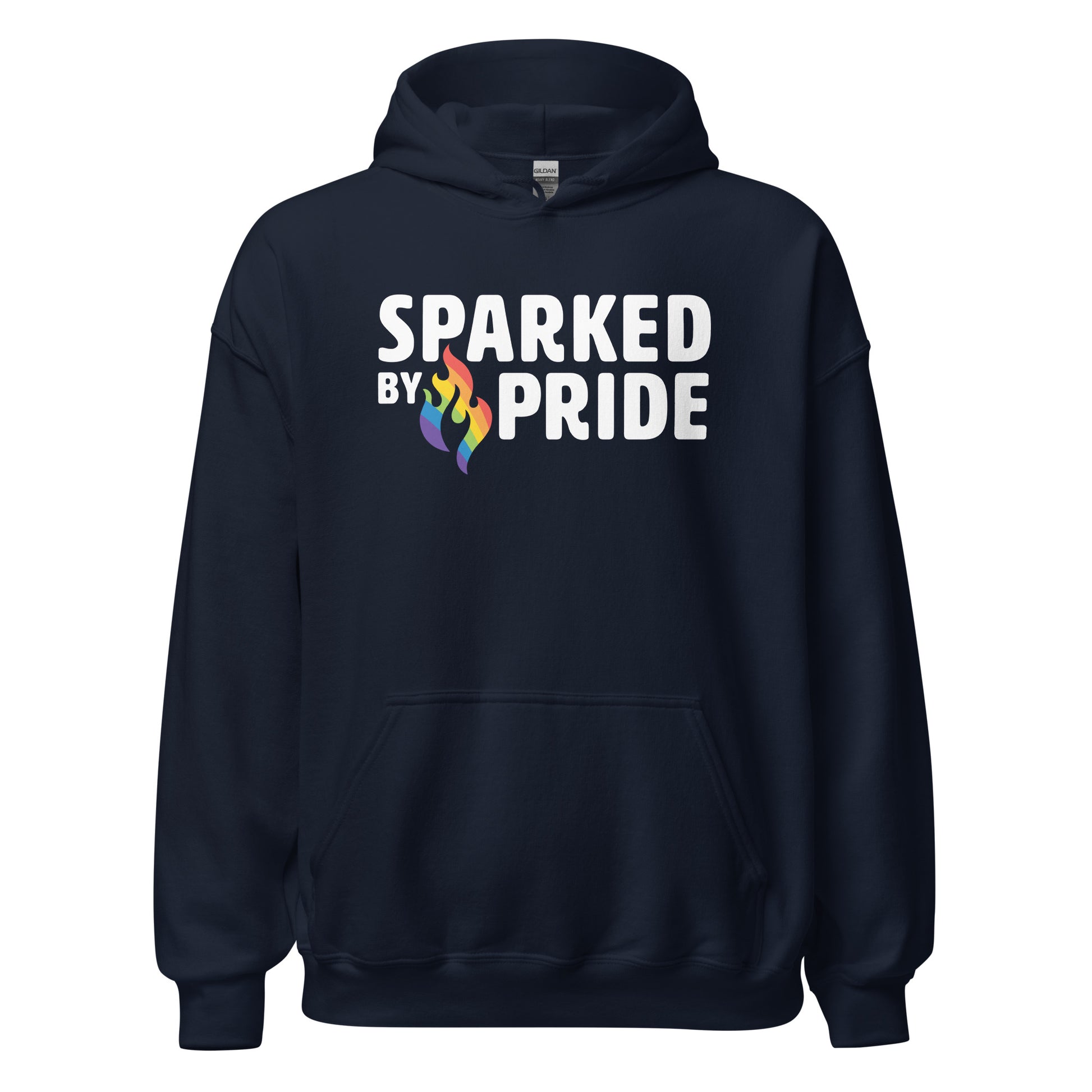 Navy Sparked by Pride Hoodie with retro pride flame graphic, unisex fit, made to order LGBTQ apparel by Sparked By Pride.
