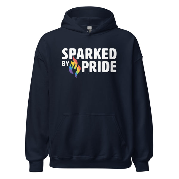 Navy Sparked by Pride Hoodie with retro pride flame graphic, unisex fit, made to order LGBTQ apparel by Sparked By Pride.