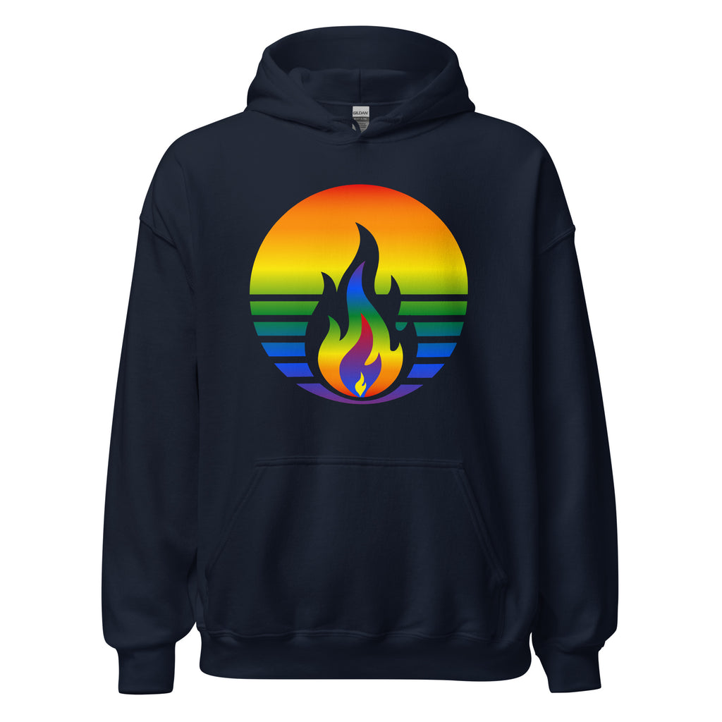 Rainbow Pride Fire Rising Hoodie with printed retro pride flame graphic, unisex fit by Sparked By Pride