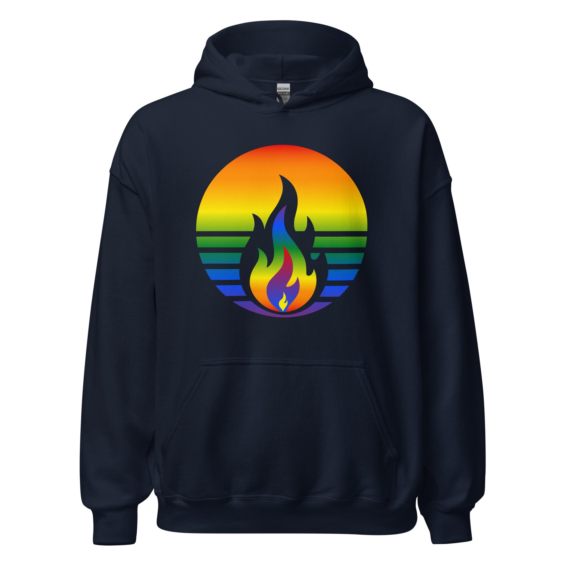 Rainbow Pride Fire Rising Hoodie with printed retro pride flame graphic, unisex fit by Sparked By Pride
