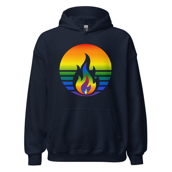 Rainbow Pride Fire Rising Hoodie with printed retro pride flame graphic, unisex fit by Sparked By Pride