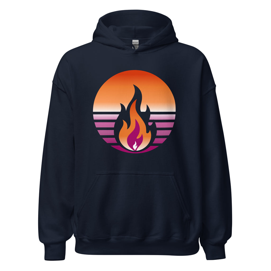 Lesbian Pride Fire Rising Hoodie with retro pride flame graphic, unisex LGBTQ+ pride apparel by Sparked By Pride