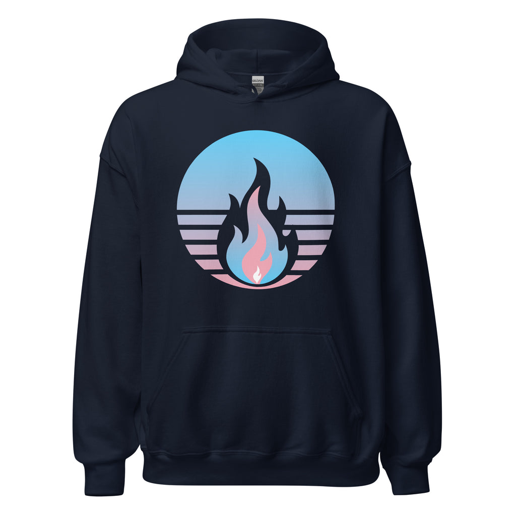 Transgender Fire Rising Hoodie with retro pride flame graphic, unisex gender-affirming clothing by Sparked By Pride