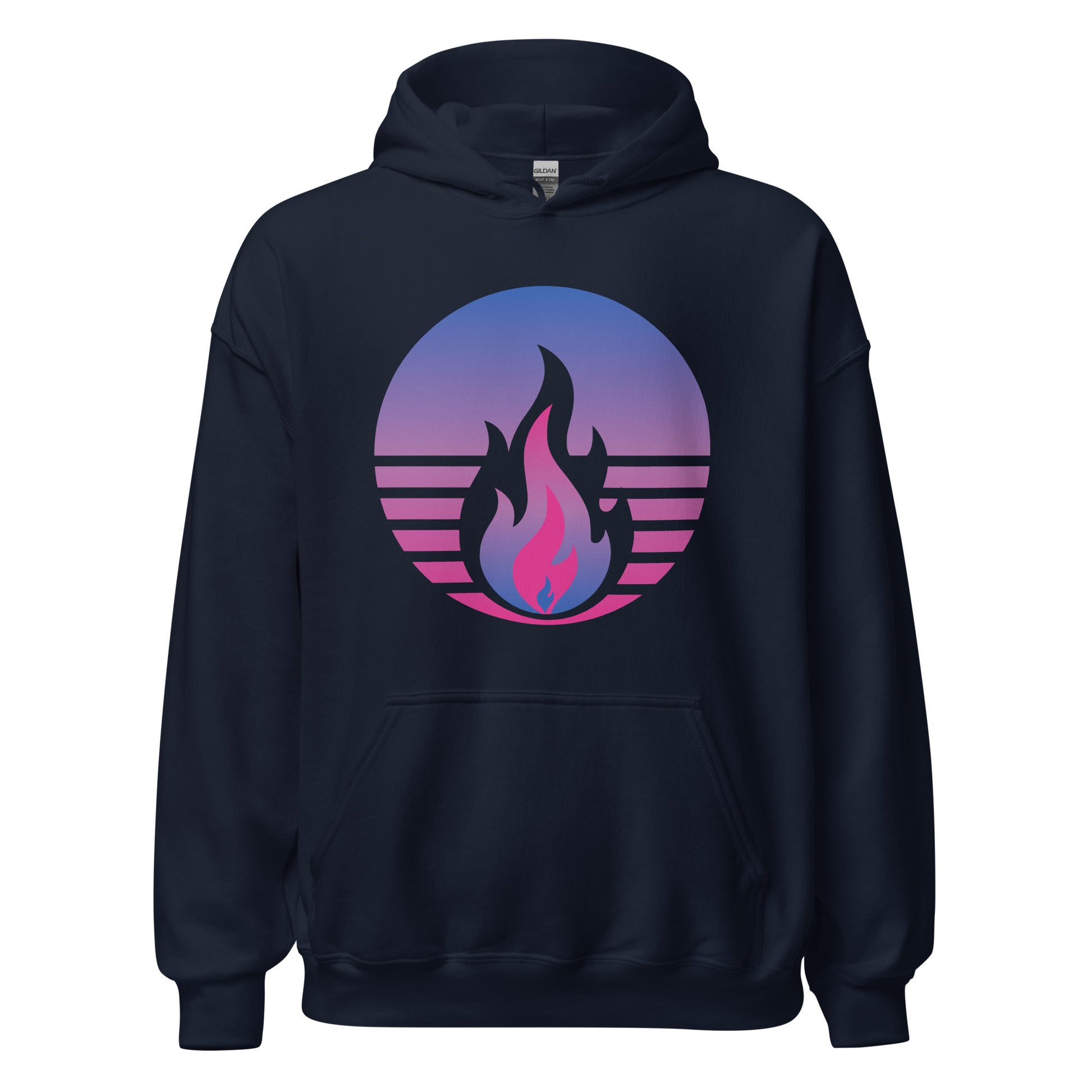 Bisexual Pride Fire Rising Hoodie with retro pride flame graphic, unisex pride t-shirt by Sparked By Pride