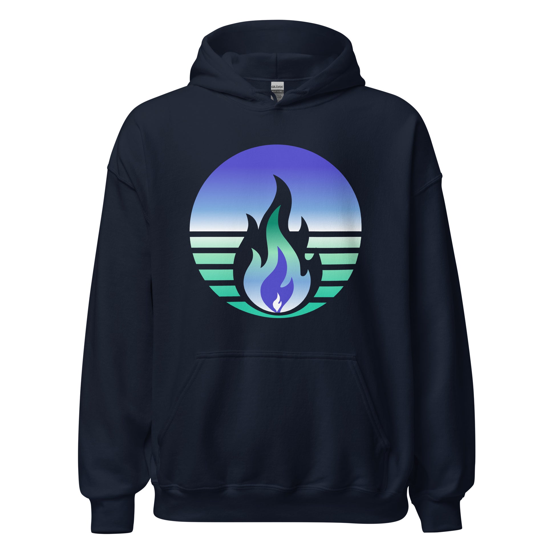 Gay Men Pride Fire Rising Hoodie with retro pride flame graphic, unisex LGBTQ+ pride apparel by Sparked By Pride