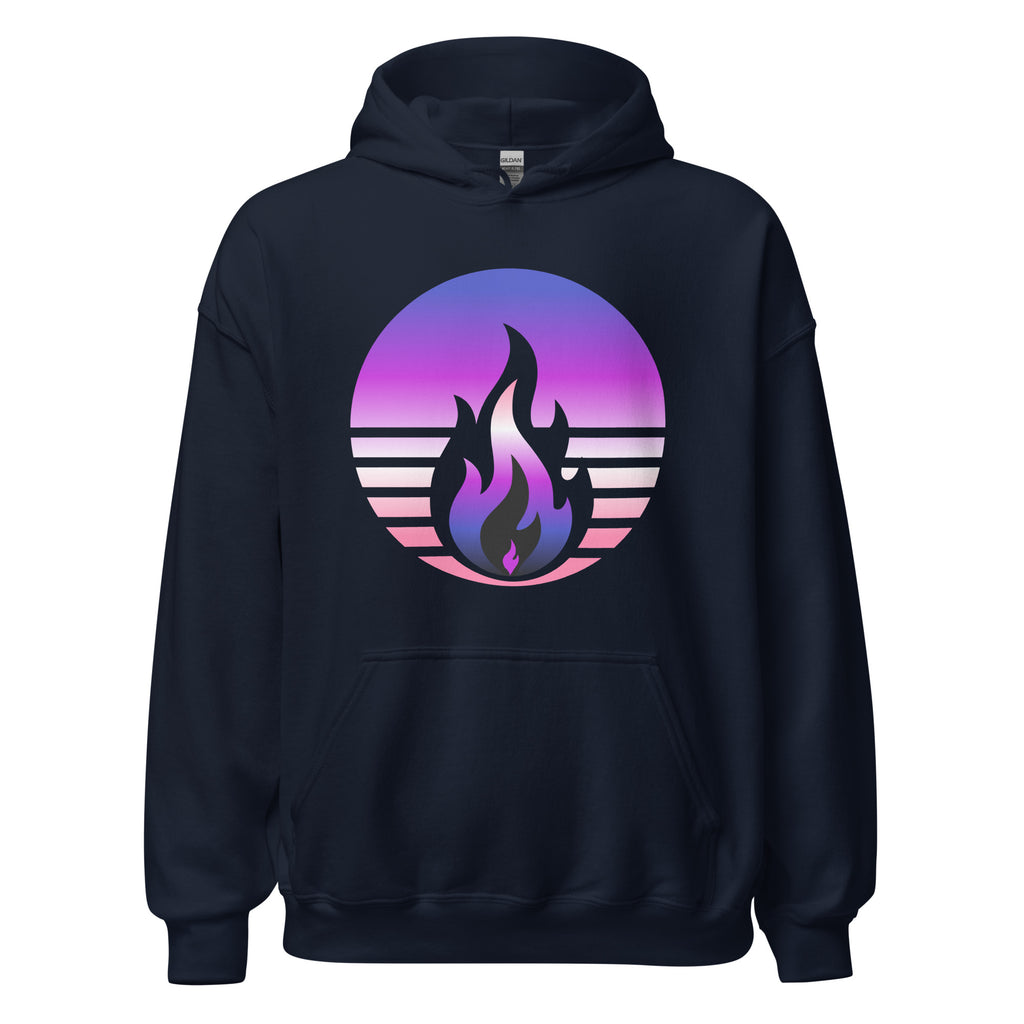 Genderfluid Pride Fire Rising Hoodie with retro pride flame graphic, unisex comfort colors shirt by Sparked By Pride
