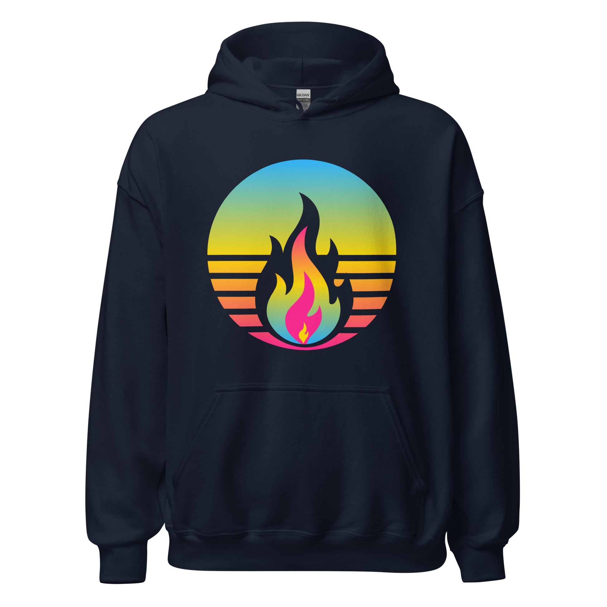 Pansexual Fire Rising Hoodie with retro pride flame design, unisex LGBTQ+ pride apparel by Sparked By Pride