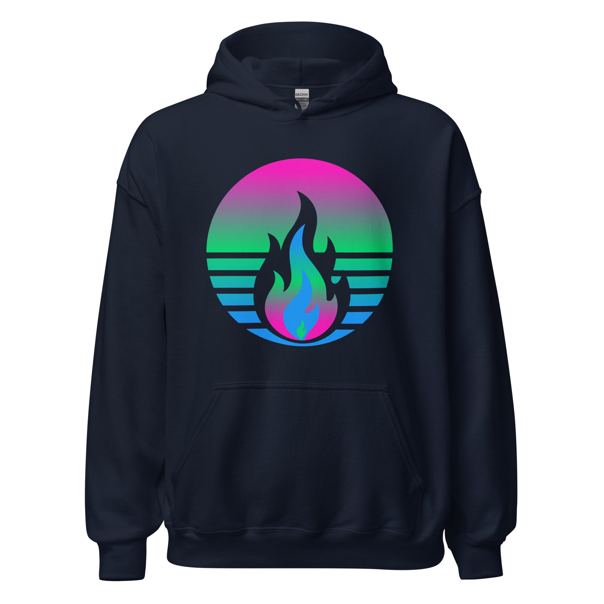 Polysexual Pride Fire Rising Hoodie with retro pride flame graphic, inclusive queer fashion by Sparked By Pride