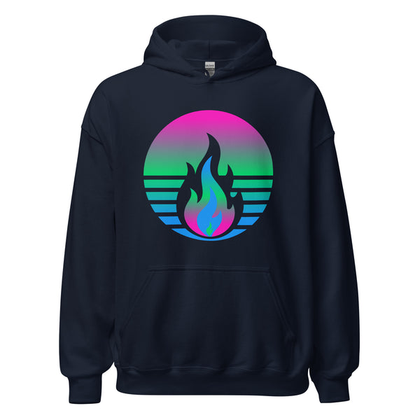Polysexual Pride Fire Rising Hoodie with retro pride flame graphic, inclusive queer fashion by Sparked By Pride