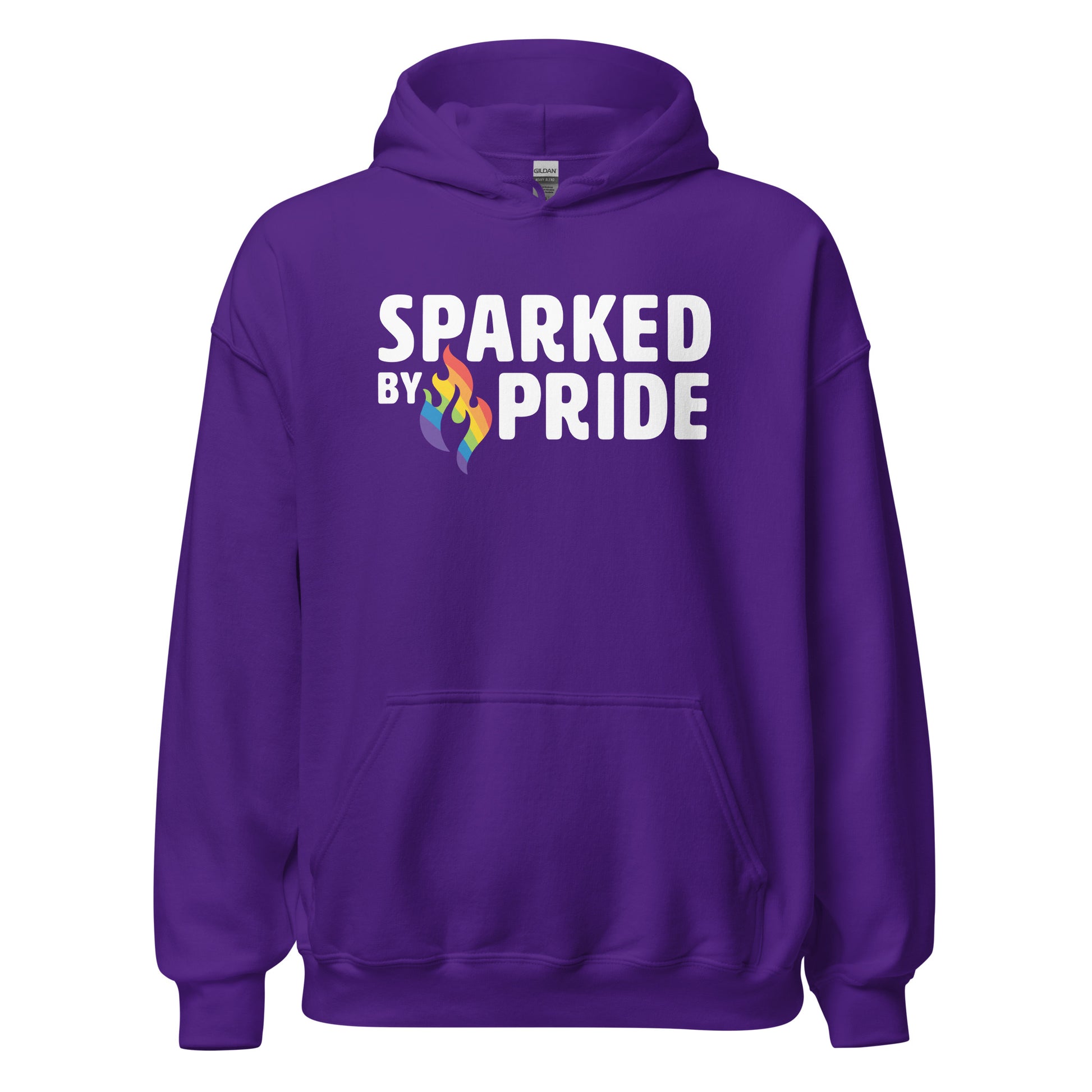 Purple unisex pride hoodie with retro pride flame and printed logo, made to order LGBTQ apparel, Sparked by Pride Sparked by Pride Hoodie
