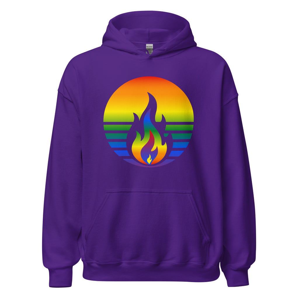 Rainbow Pride Fire Rising Hoodie with retro pride flame graphic, unisex LGBTQ+ pride apparel by Sparked By Pride