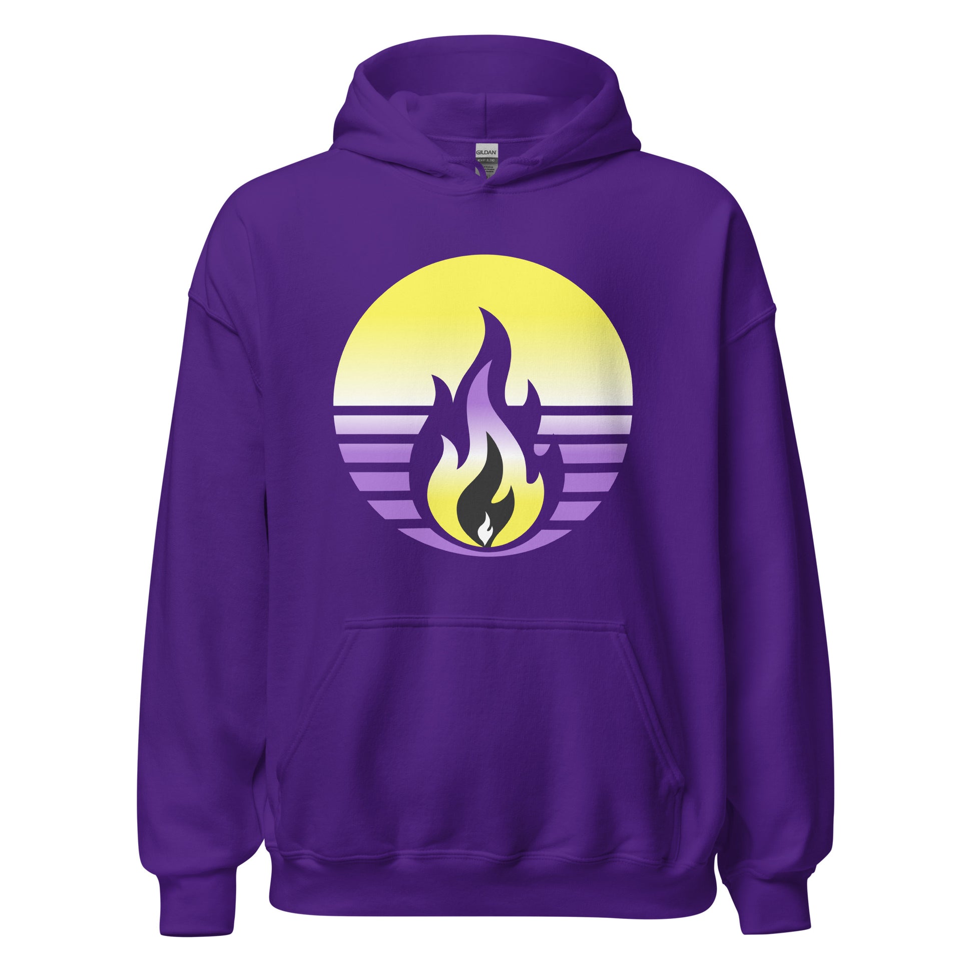 Nonbinary Pride Fire Rising Hoodie with retro pride flame graphic, unisex pride t-shirt by Sparked By Pride