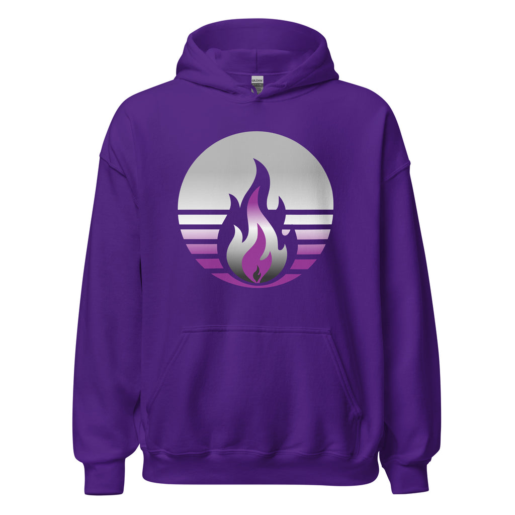 Asexual Pride Fire Rising Hoodie with retro pride flame graphic, unisex, gender-affirming apparel by Sparked By Pride