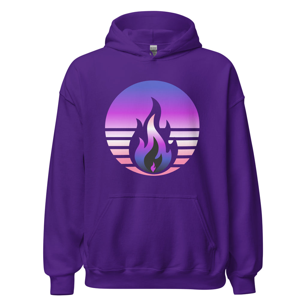Genderfluid Pride Fire Rising Hoodie with retro pride flame graphic, unisex pride t-shirt by Sparked By Pride