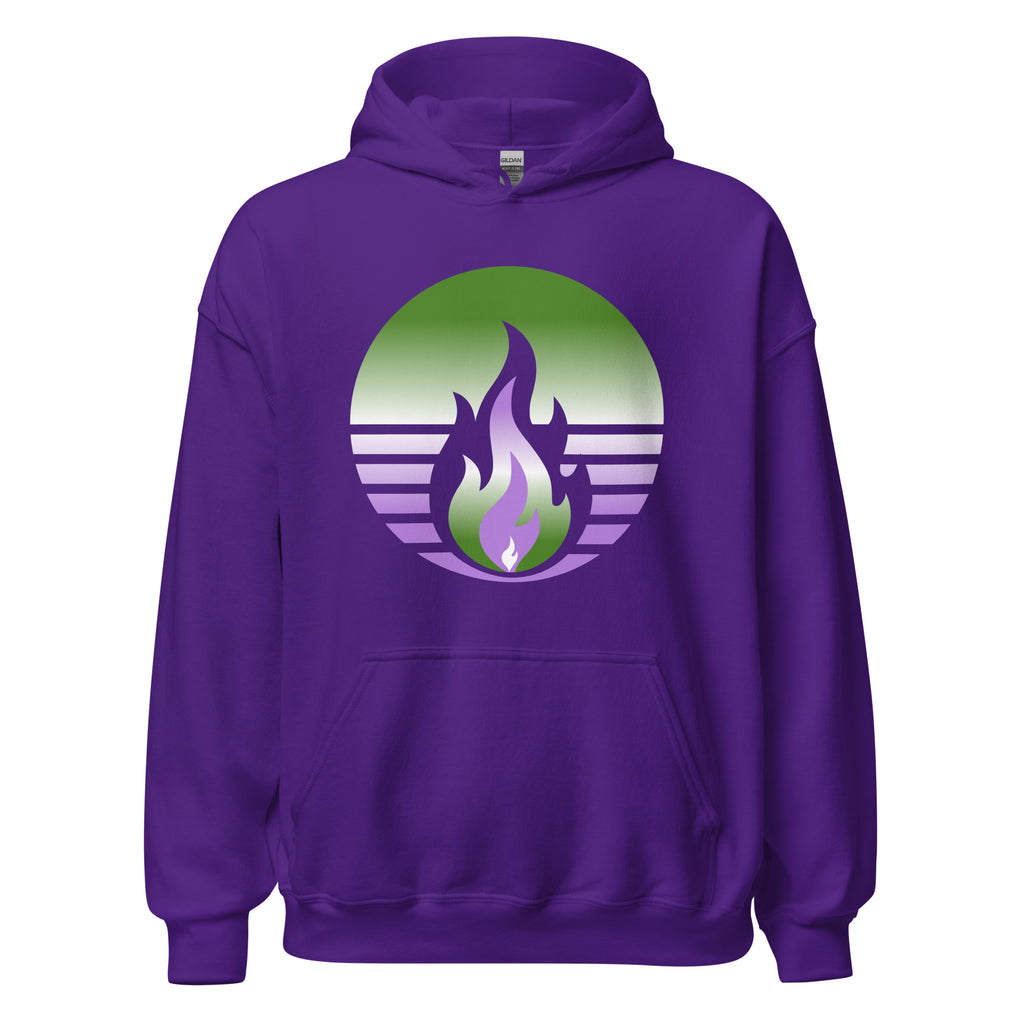 Genderqueer Pride Fire Rising Hoodie with retro pride flame graphic, unisex pride t-shirt style by Sparked By Pride