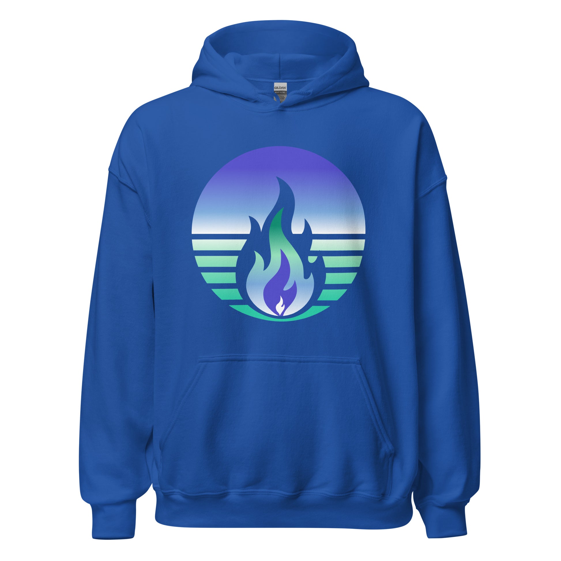 Gay Men Pride Fire Rising Hoodie with retro pride flame graphic in LGBTQ+ pride apparel by Sparked By Pride.