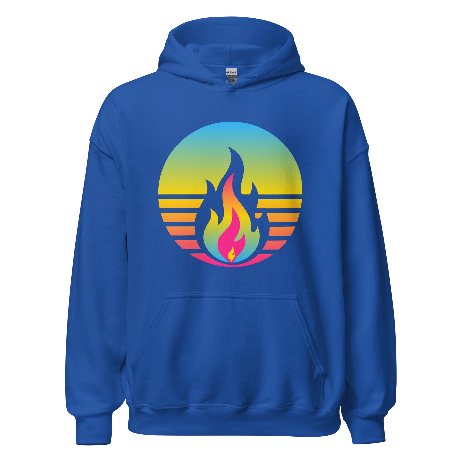 Pansexual Fire Rising Hoodie with retro pride flame graphic, unisex fit, made to order LGBTQ apparel by Sparked By Pride