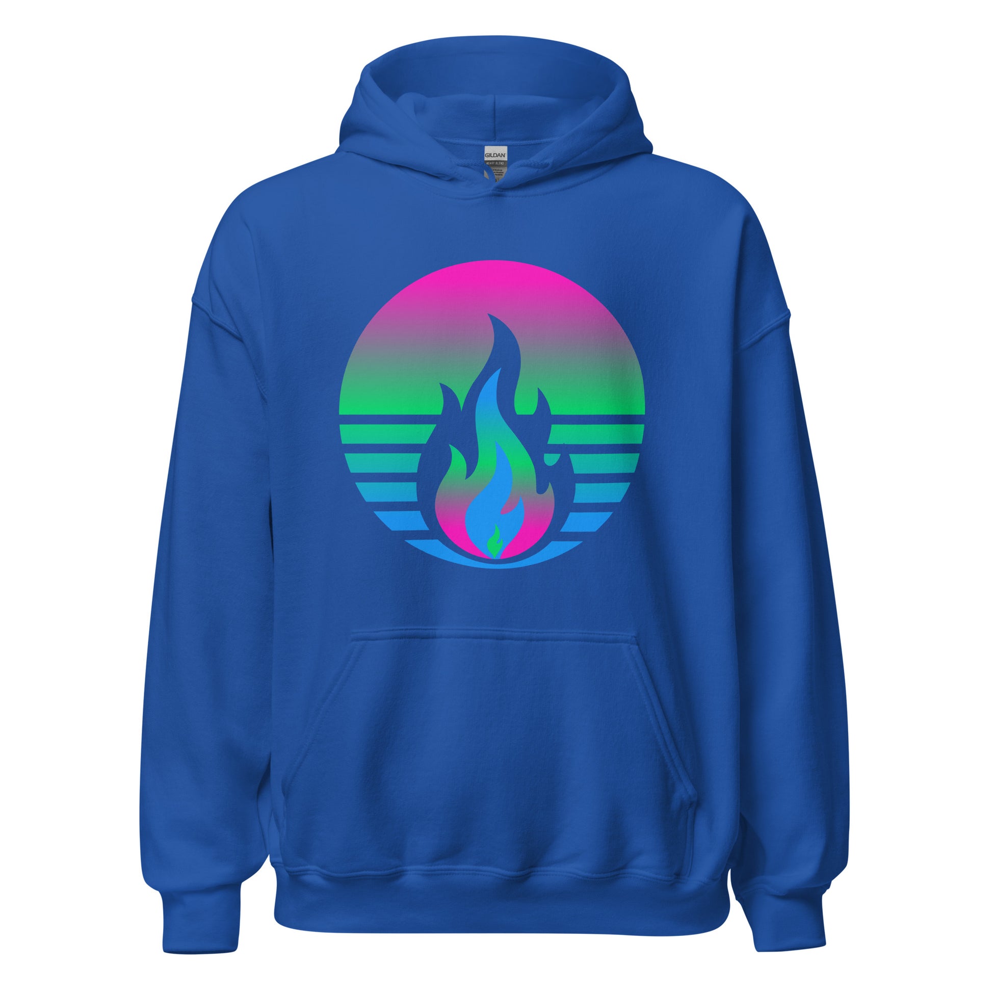 Polysexual Pride Fire Rising Hoodie with retro pride flame graphic, inclusive queer fashion by Sparked By Pride