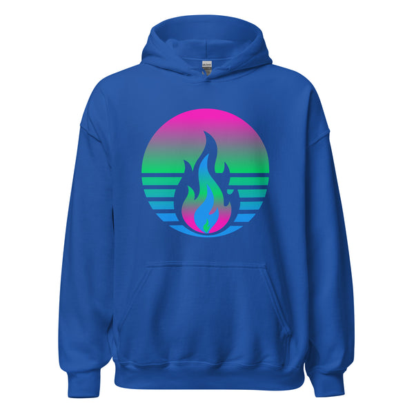 Polysexual Pride Fire Rising Hoodie with retro pride flame graphic, inclusive queer fashion by Sparked By Pride
