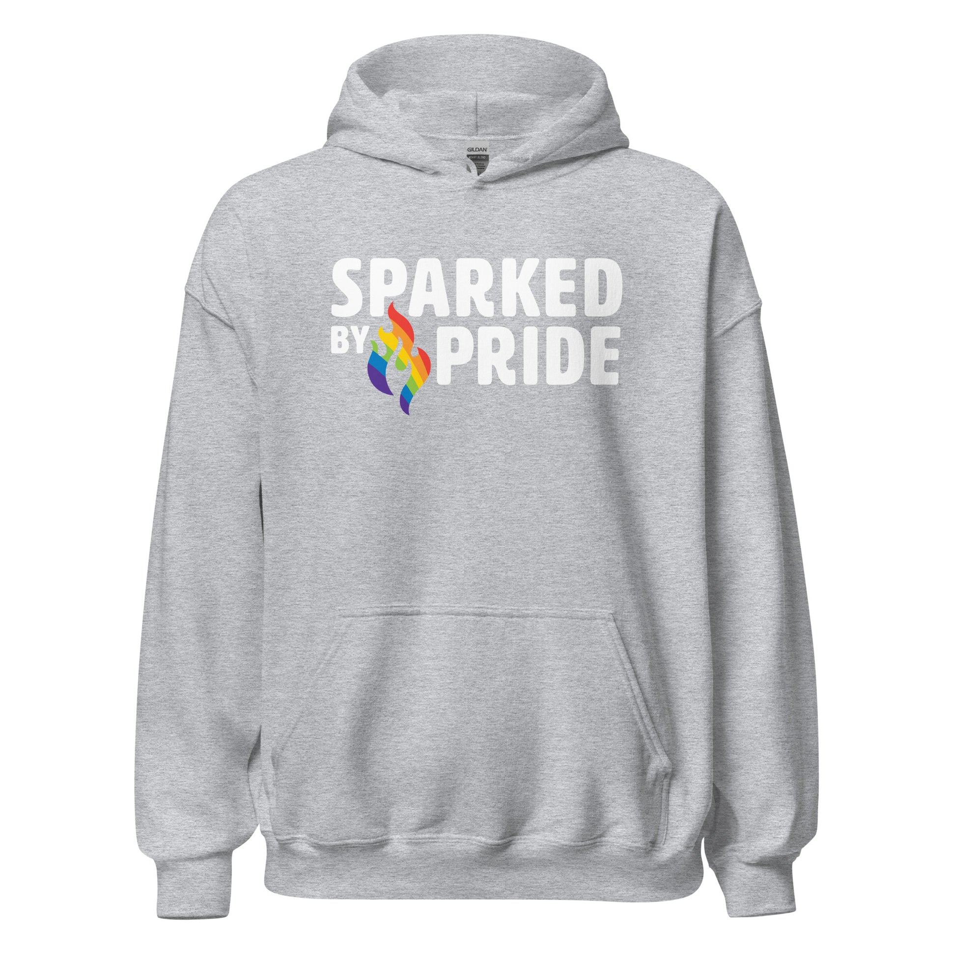 Gray Sparked by Pride Hoodie with printed pride flame graphic, unisex fit, made to order LGBTQ apparel by Sparked By Pride