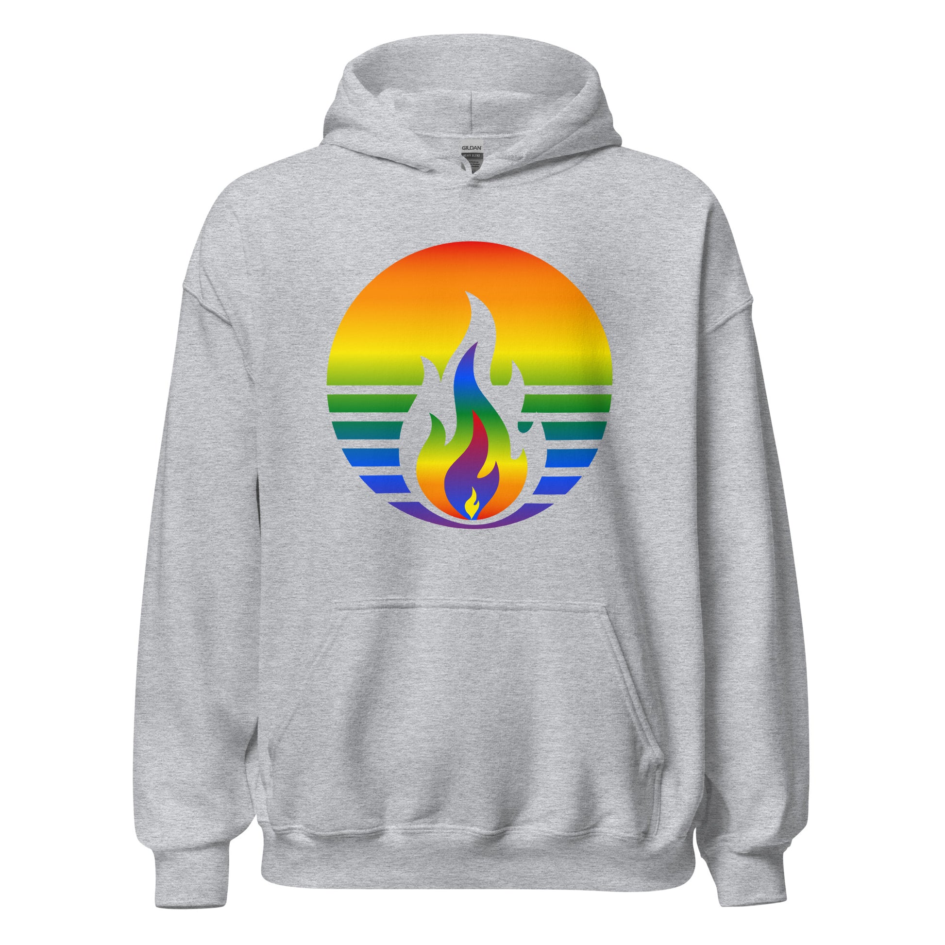 Rainbow Pride Fire Rising Hoodie with retro pride flame graphic in inclusive queer fashion by Sparked By Pride