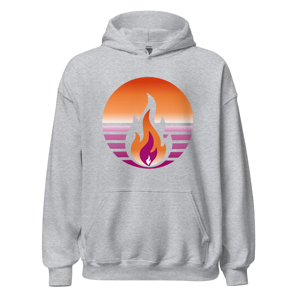 Lesbian Pride Fire Rising Hoodie with retro pride flame graphic, unisex LGBTQ+ pride apparel by Sparked By Pride