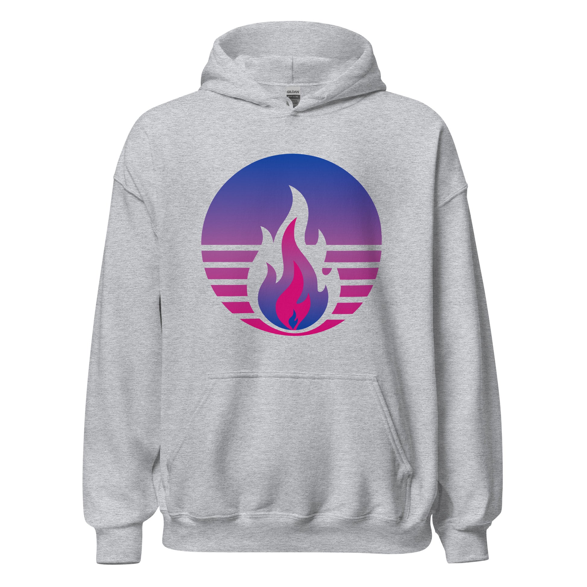 Bisexual Pride Fire Rising Hoodie with retro pride flame graphic, inclusive queer fashion by Sparked By Pride