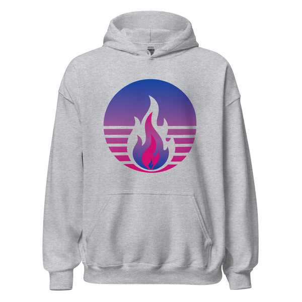 Bisexual Pride Fire Rising Hoodie with retro pride flame graphic, inclusive queer fashion by Sparked By Pride