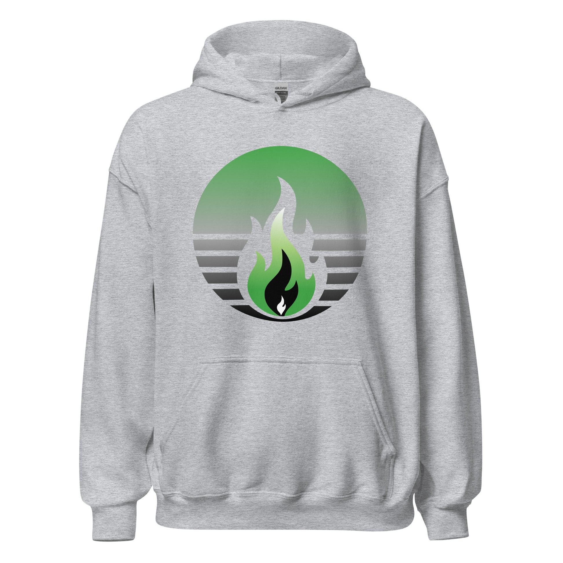 Aromantic Pride Fire Rising Hoodie with retro pride flame graphic, unisex LGBTQ+ pride apparel by Sparked By Pride