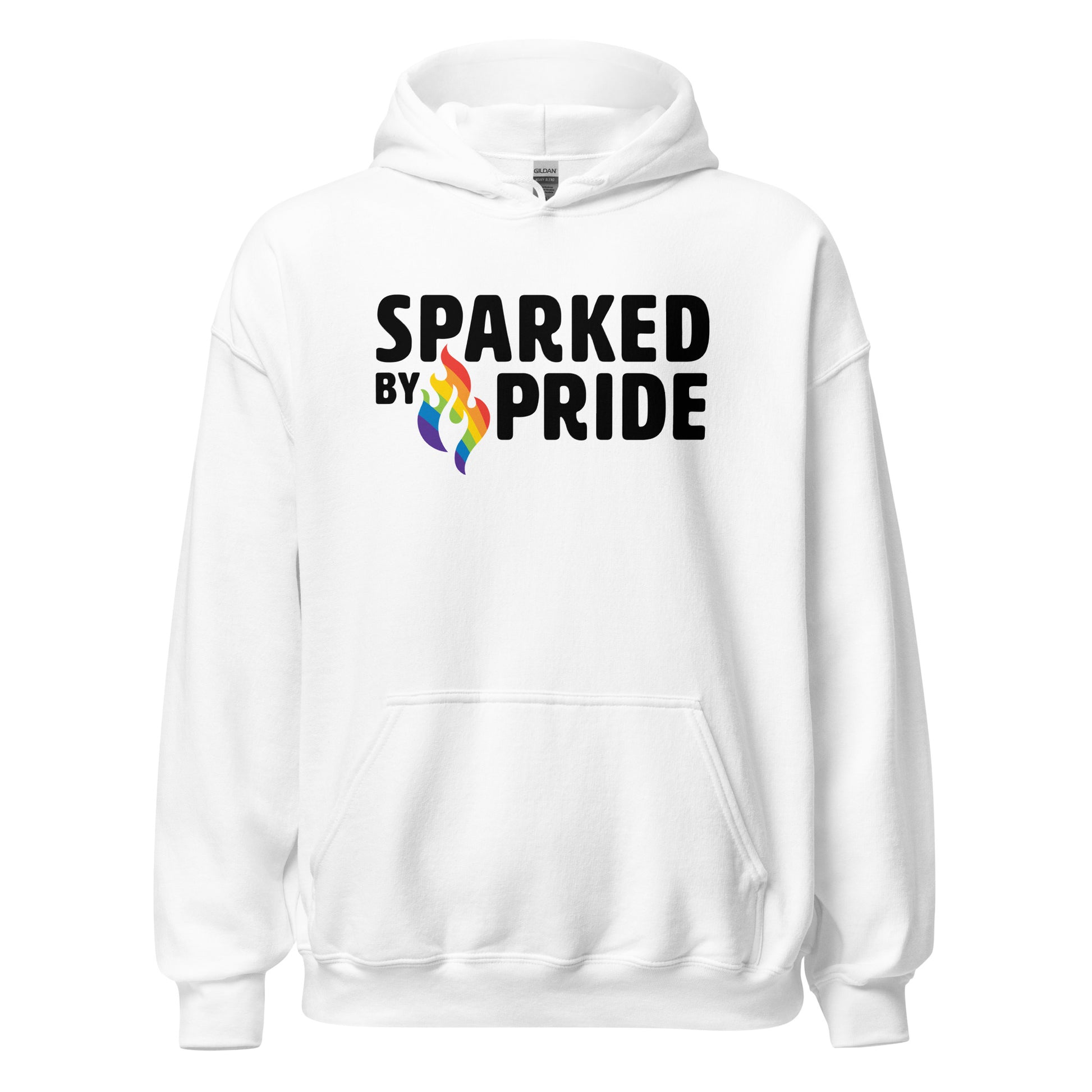 White unisex Sparked by Pride Hoodie with printed pride flame graphic, retro pride flame design, Sparked By Pride.
